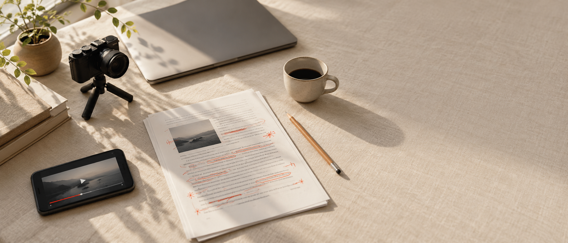 A creator's desk with a camera, laptop and a printed draft covered in proof marks
